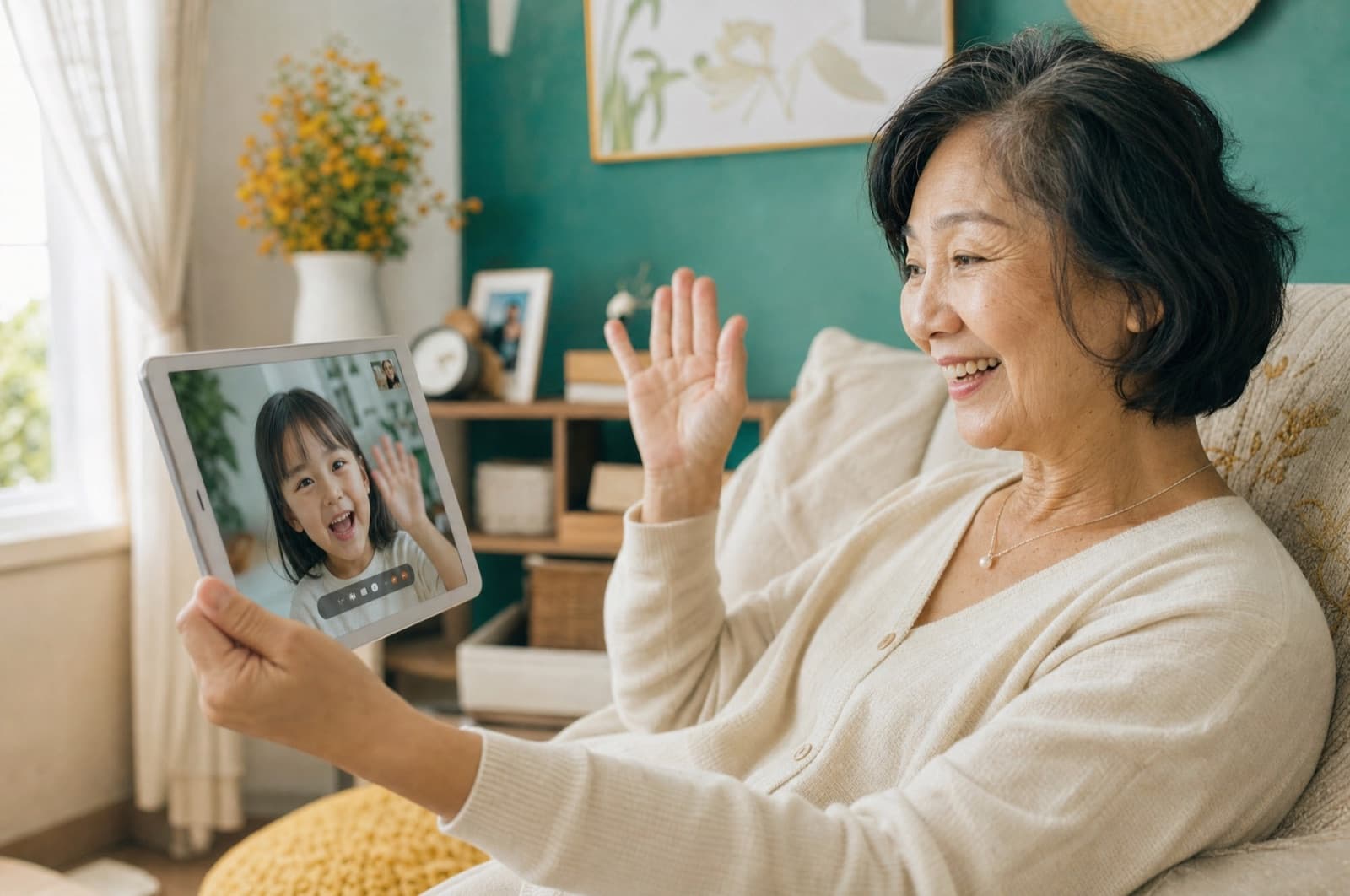 A grandmother joyfully waving at her grandchild during a KidSpace video call