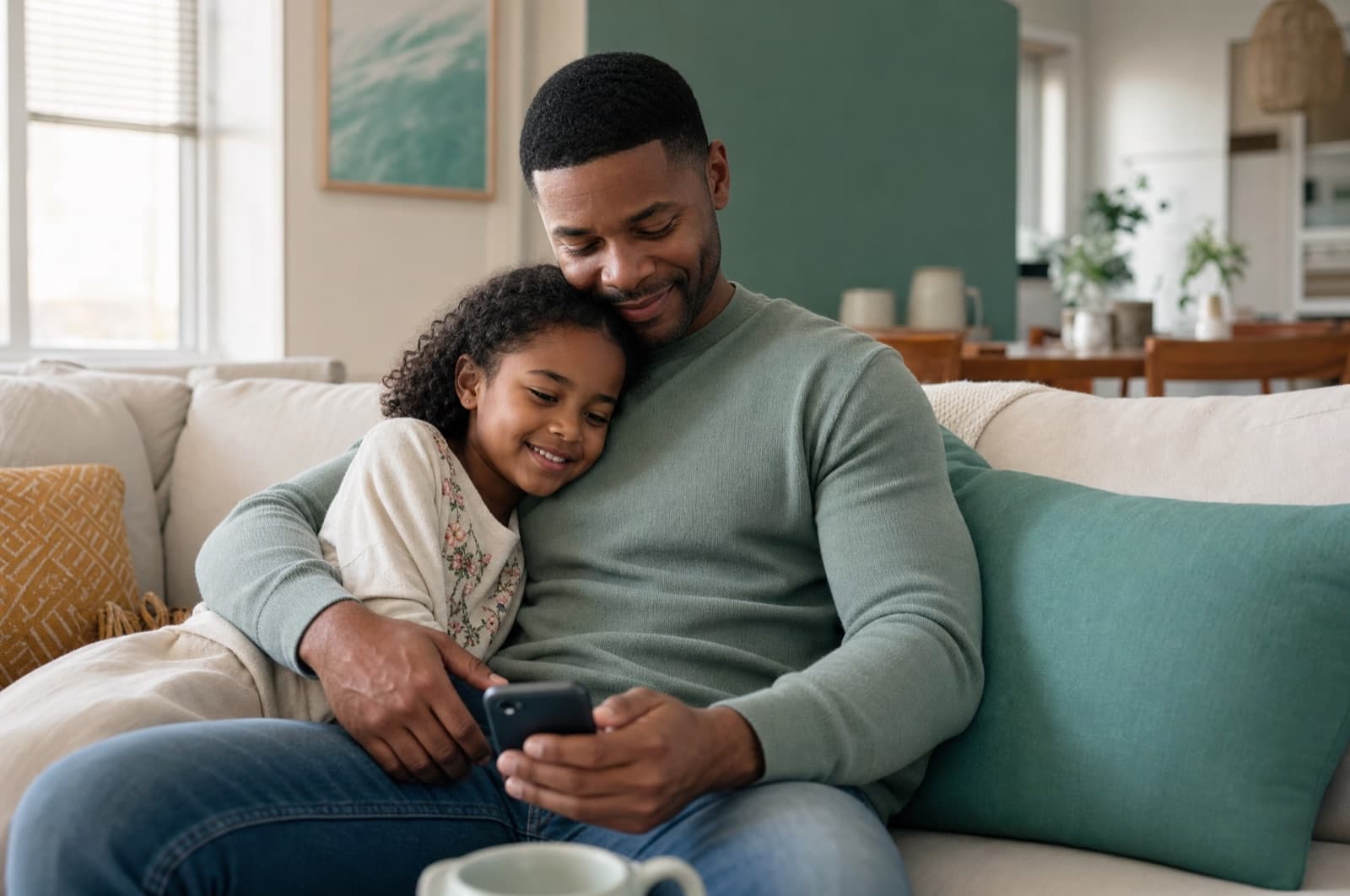 A father and his young daughter sharing a calm, happy moment at home while he checks the CommonGround app
