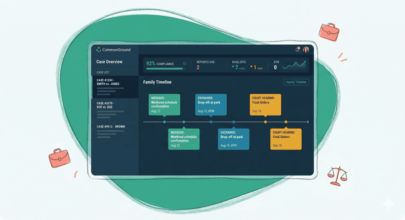 Professional dashboard showing case overview with timeline and compliance metrics