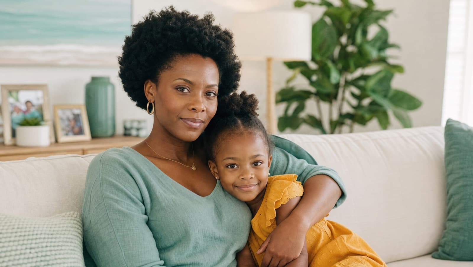 A calm, strong parent holding their child close at home, feeling protected