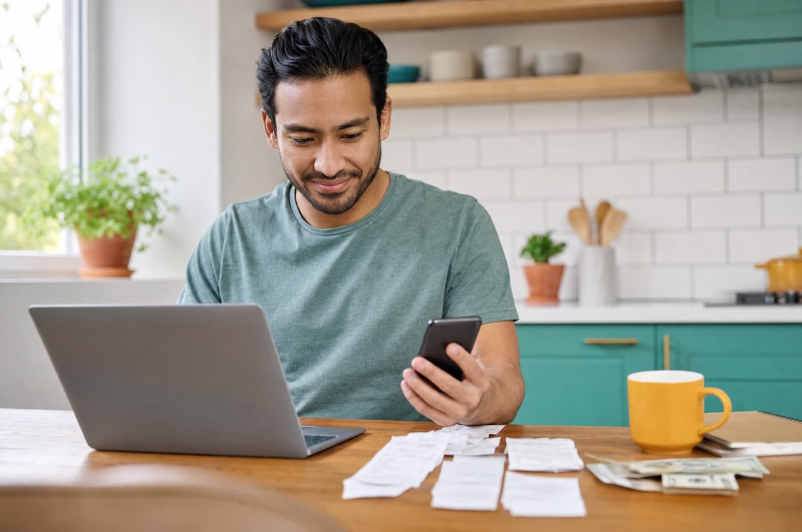A parent calmly reviewing shared expenses at home