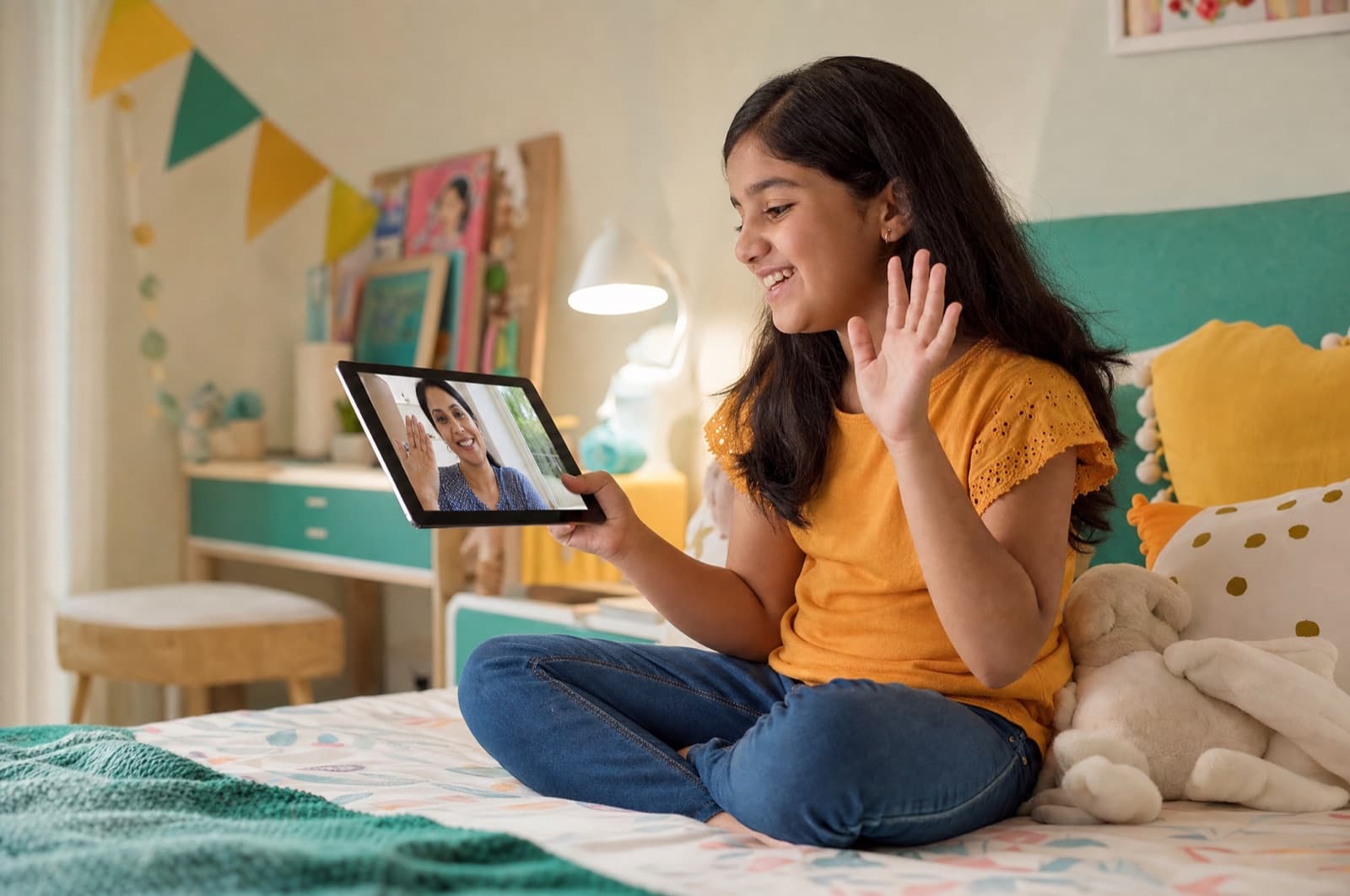 A child happily video-calling a parent from KidSpace