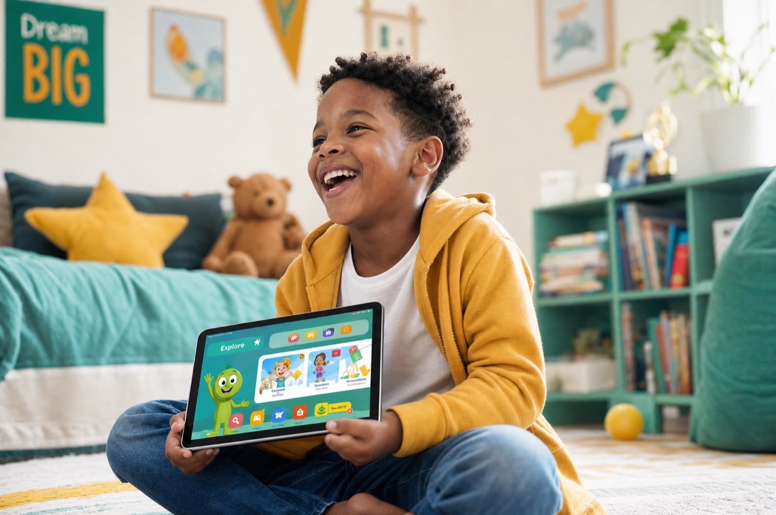 A delighted child playing in KidSpace on a tablet