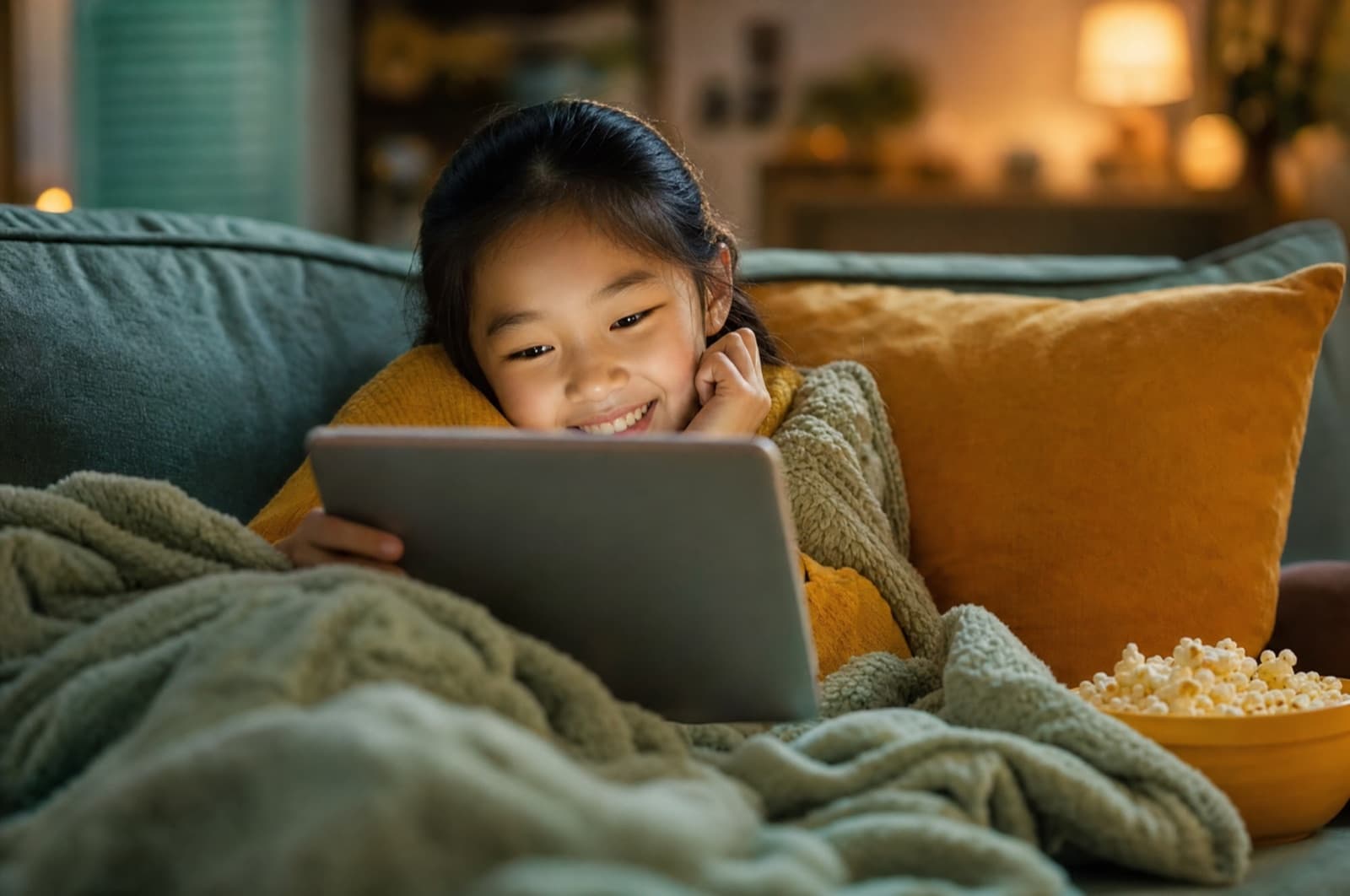 A child cozy under a blanket watching a family movie in KidSpace