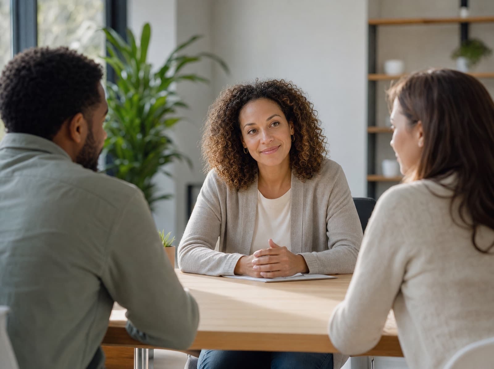 A mediator facilitating a calm conversation between co-parents